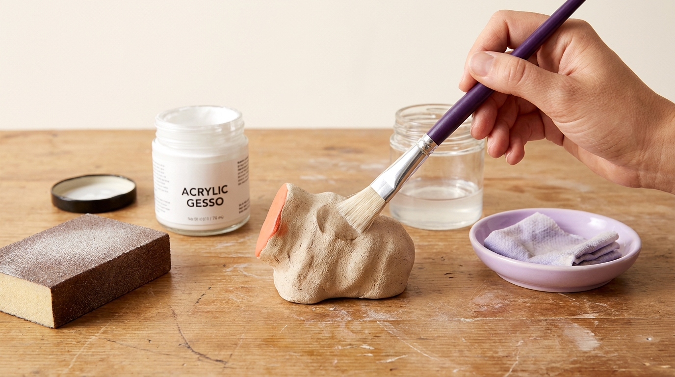 Air dry clay sealing painting tactile photo of a compact workspace with an air dry clay sculpture jars of acrylic gesso and clear medium sanding block and soft brush