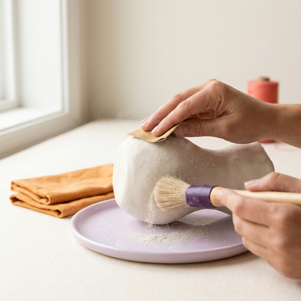 Close up of hands sanding an air dry clay surface with fine grit sandpaper dust brushed away and a tack cloth on a minimalist worktable in the Made in Steps palette air dry clay sealing painting