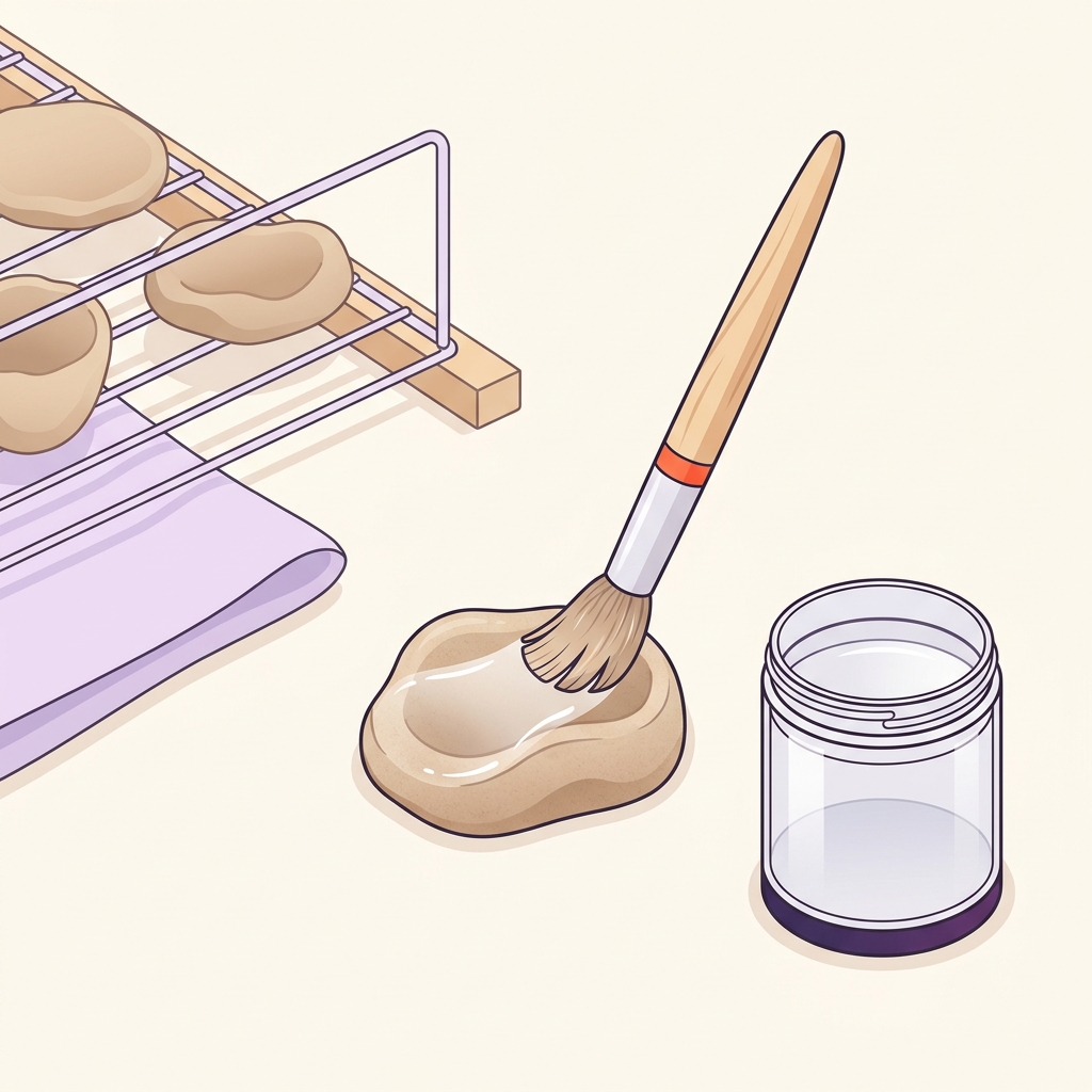 Minimalist 2D vector illustration of a worktable with a soft brush applying clear acrylic medium to a small air dry clay piece and drying pieces on a rack in the background air dry clay sealing painting