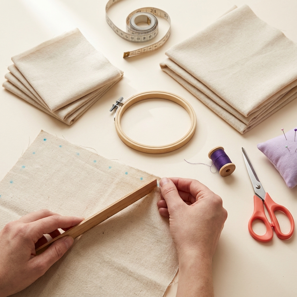 Top down tactile flatlay of hands measuring and marking cotton fabric squares for 8 by 8 and 12 by 12 cuts beside a small wooden embroidery hoop and measuring tape how to choose embroidery hoop size