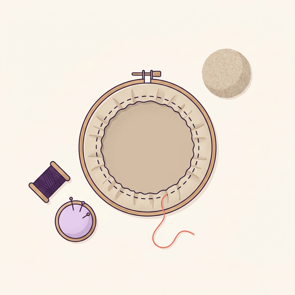 Overhead 2D vector of a finished embroidery hoop back gathered with running stitch and a felt circle ready to attach on a clean worktable how to choose embroidery hoop size