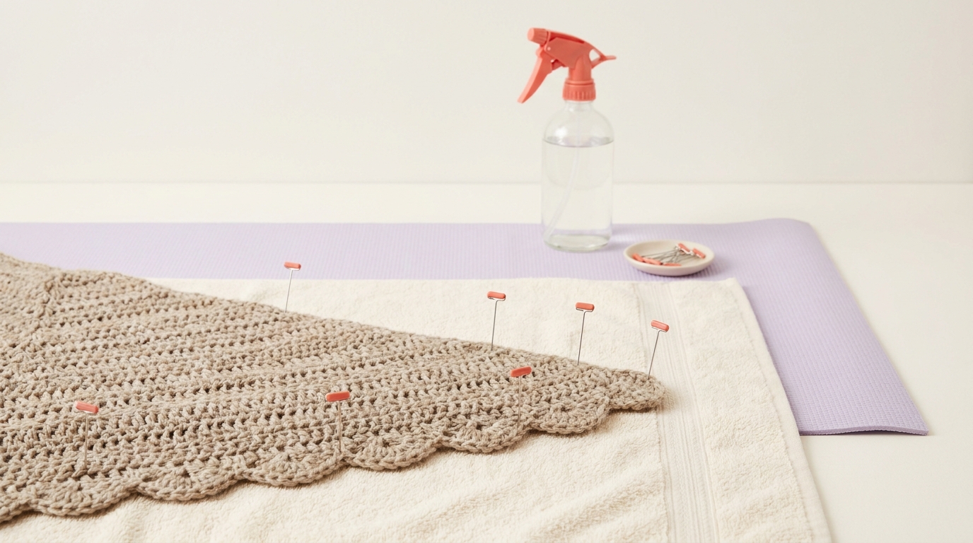 Close up of a crocheted shawl pinned on a towel over a yoga mat with spray bottle and pins in soft focus showing how to block crochet projects