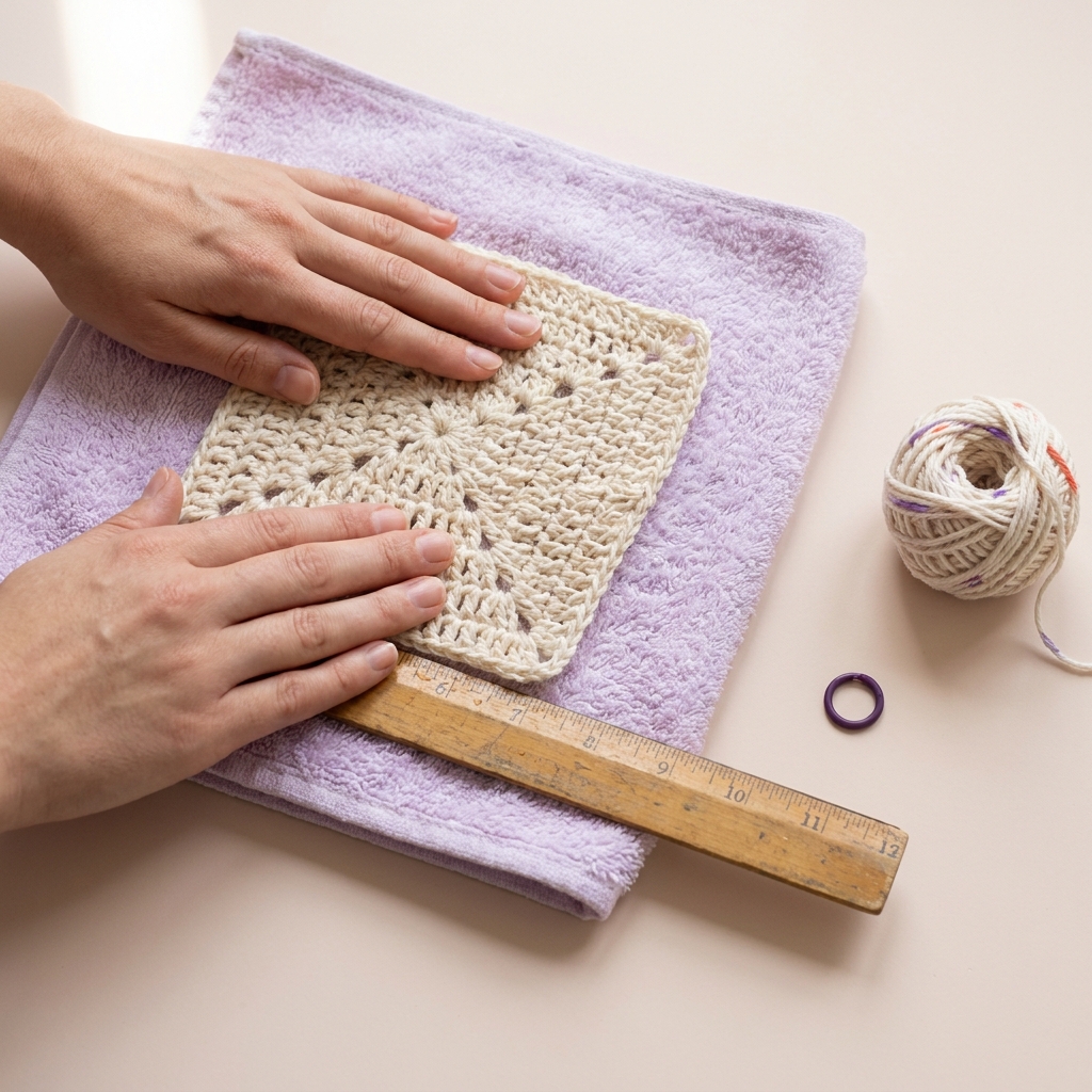 Close top down view of hands smoothing a damp crochet square on a towel with a wooden ruler along the edge to straighten stitches how to block crochet projects