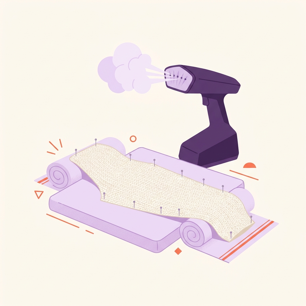 Vector illustration of an unbranded handheld steamer positioned above a pinned crochet sleeve on a padded blocking mat with rolled towels supporting the curve showing how to block crochet projects