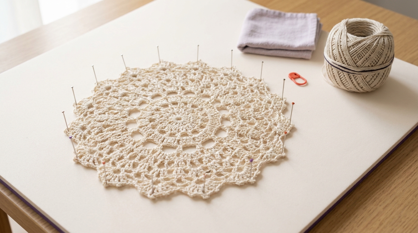 Wet lace crochet doily pinned to a foam blocking mat with rust free pins and a yarn ball on a clean worktable showing how to block crochet projects