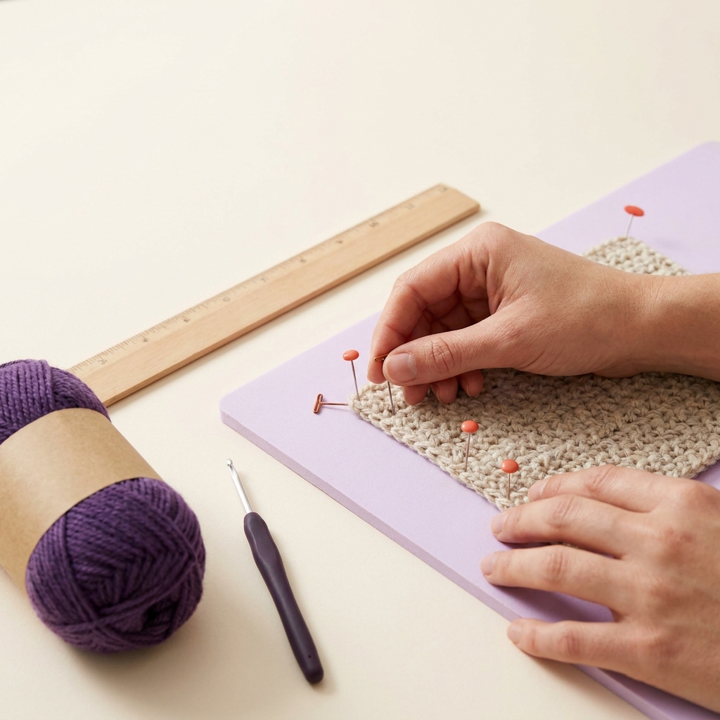 Hands pinning a crochet swatch on a blocking board with an unmarked ruler and a yarn ball with a plain band on a clean worktable demonstrating how to block crochet projects