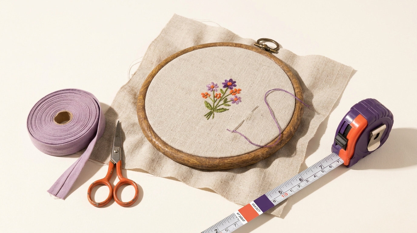 Full frame craft photo of a wooden embroidery hoop on linen with a small floral design tape measure and cotton binding tape in warm natural light how to choose embroidery hoop size