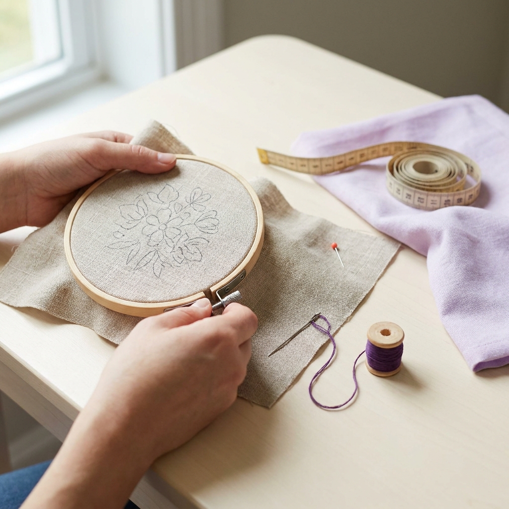 Close up of an embroidery hoop being tightened over a traced design on linen with inner diameter visible and an unmarked flexible tape measure beside it how to choose embroidery hoop size