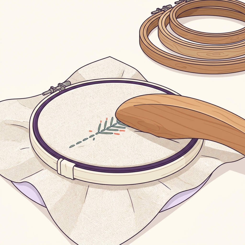 Close up 2D vector illustration of an embroidery inner hoop bound with cotton tape and a wooden smoothing tool flattening fabric on a pale worktable with a small stack of different hoop sizes in the background how to choose embroidery hoop size