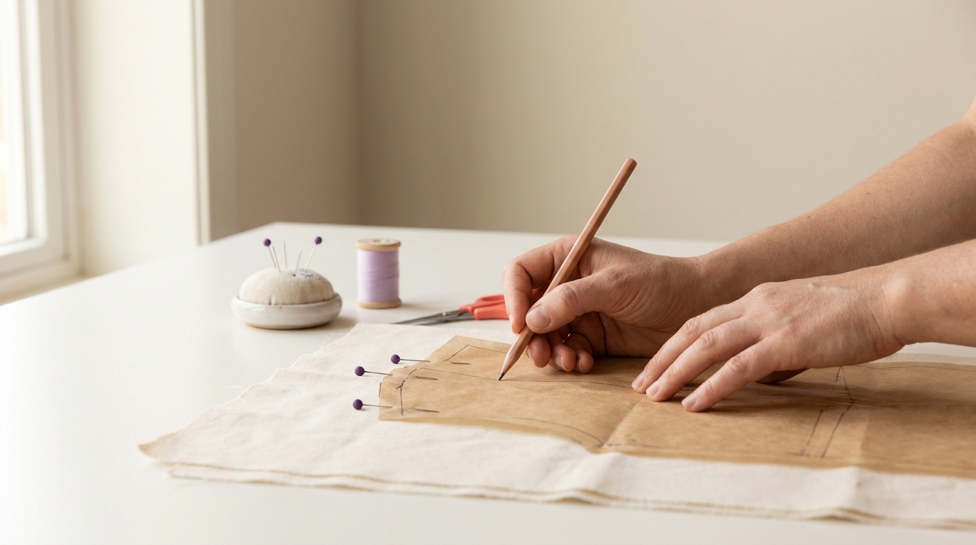 Hands tracing a paper sewing pattern onto cotton fabric on a clean worktable with bright window light how to transfer pattern onto fabric