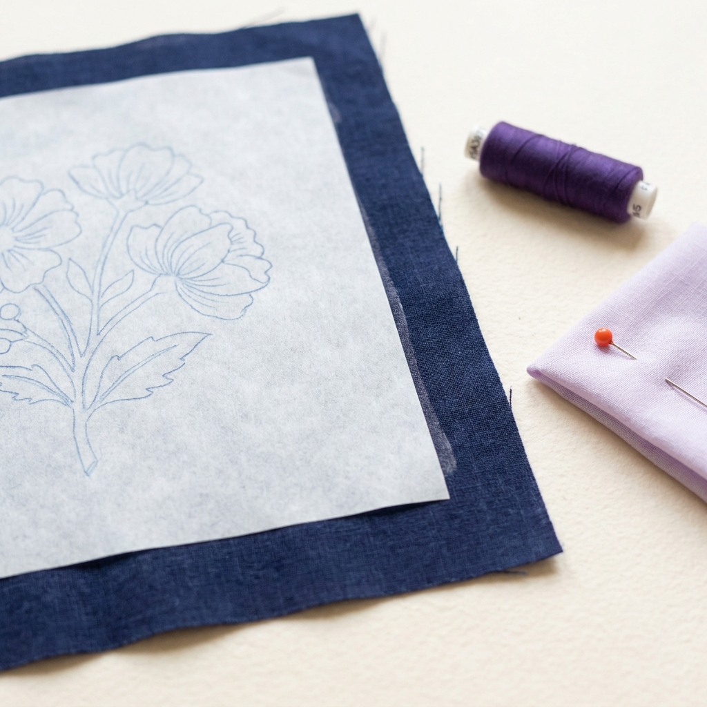 Close up full frame photo of freezer paper pressed to the wrong side of dark fabric showing a traced embroidery outline on a warm off white table surface how to transfer pattern onto fabric
