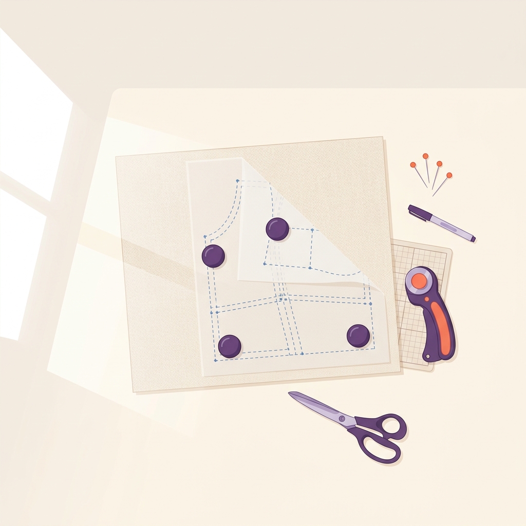 Tactile flatlay of midweight cotton on a lightbox with pattern lines visible tracing paper pattern weights pins and rotary cutter on a clean worktable how to transfer pattern onto fabric