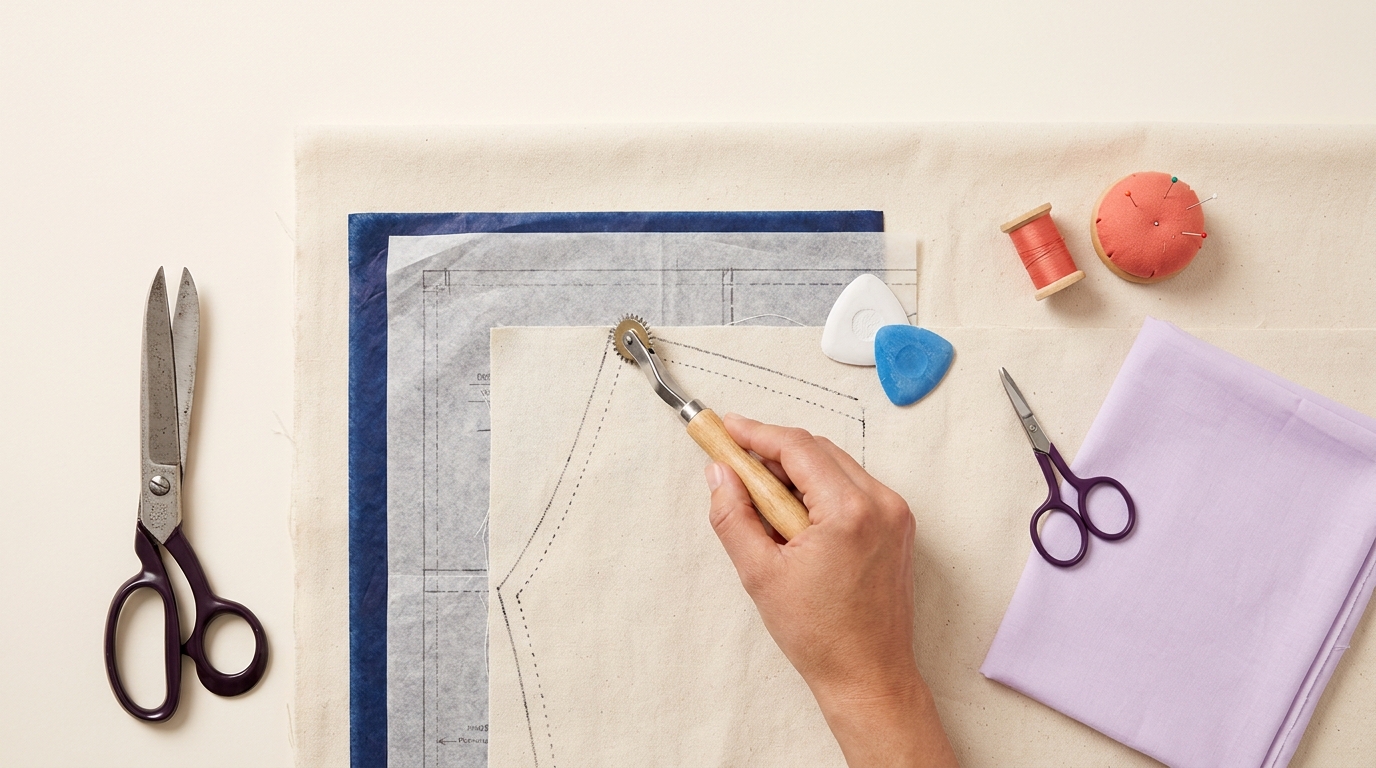 Overhead tactile shot of tidy worktable with pattern tissue tracing wheel dressmaker carbon and tailor chalk laid on cotton fabric showing how to transfer pattern onto fabric