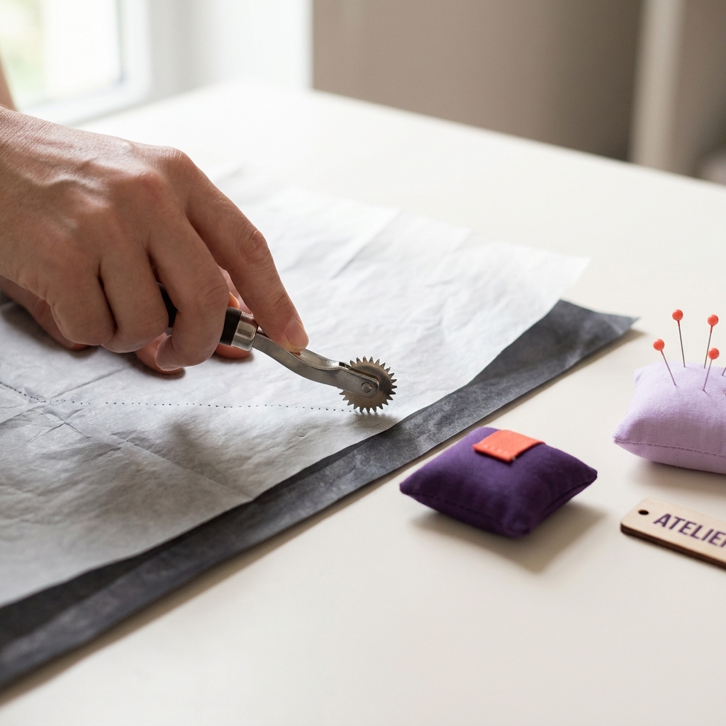 Close up of a tracing wheel rolling over pattern tissue with carbon paper beneath on a flat worktable, hand guiding the wheel, minimalist tidy setup on pale cream background how to transfer pattern onto fabric