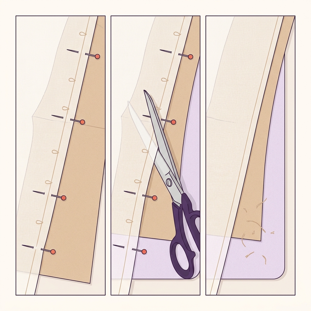 Three panel 2D vector showing pin and cut sequence for a sheer fabric with tiny tailor tacks and careful pins placed perpendicular to seam lines on a tidy worktable demonstrating how to transfer pattern onto fabric