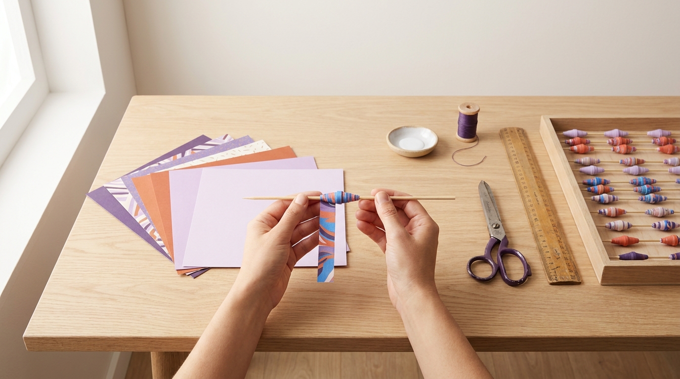 Overhead tactile craft scene of hands rolling colorful paper beads on a tray with scissors ruler and sheets on a soft cream background how to make paper beads