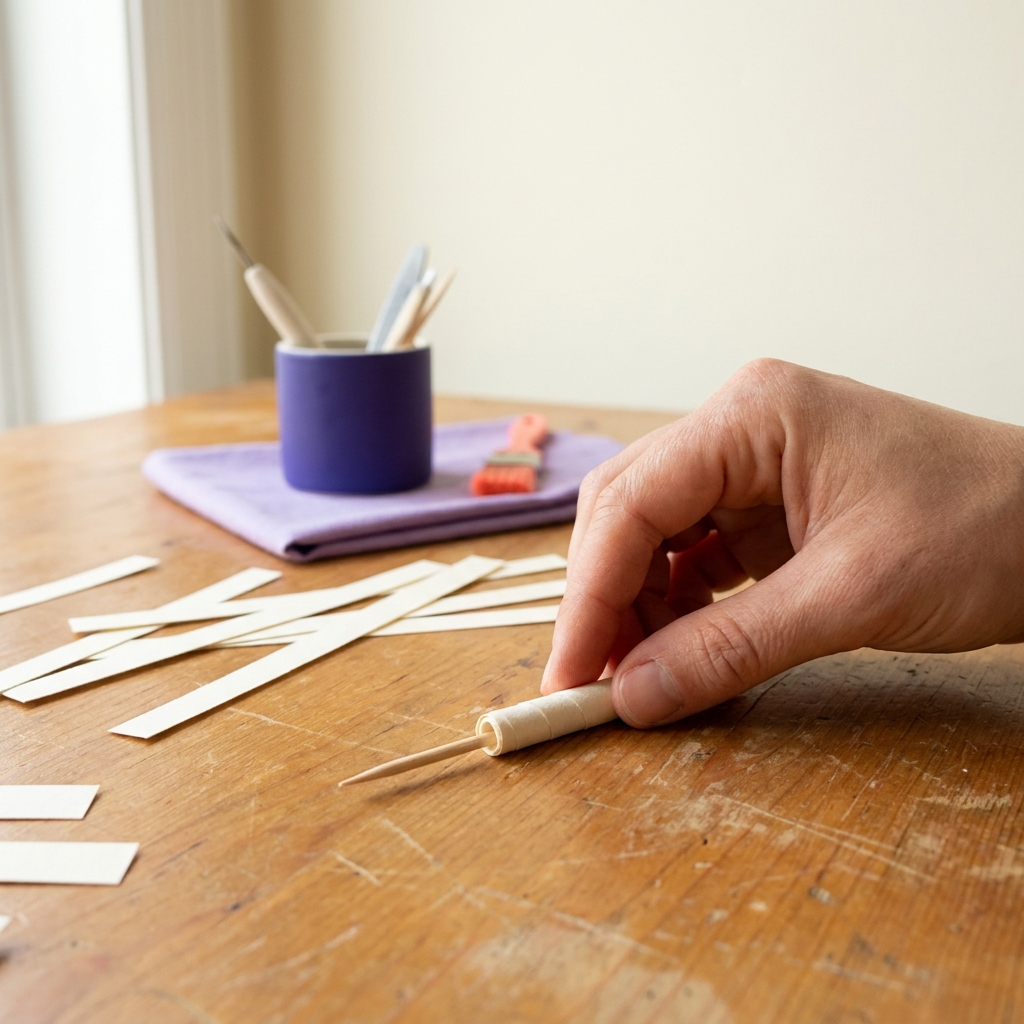 Close up of a hand rolling a paper strip around a toothpick on a wooden table with scattered cut strips illustrating how to make paper beads