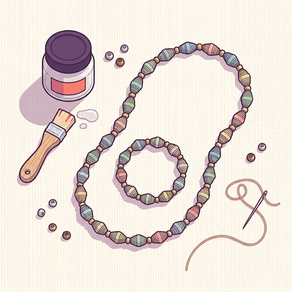 Flat 2D vector illustration of a finished paper bead necklace and bracelet arranged on textured fabric with scattered metal spacers and a small jar of clear topcoat and brush showing craft setup how to make paper beads