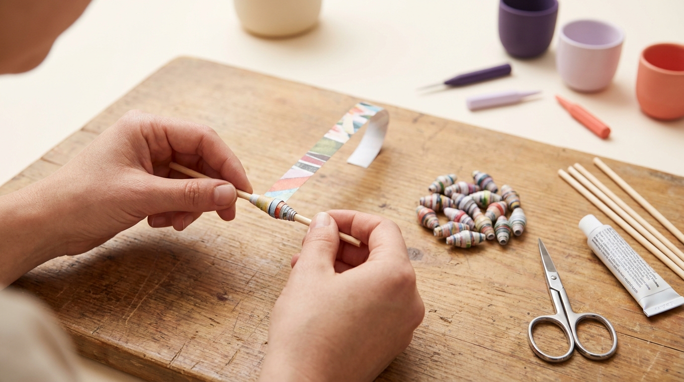 Close up of hands rolling patterned paper strips into beads on a wooden table with scattered craft tools and finished beads how to make paper beads