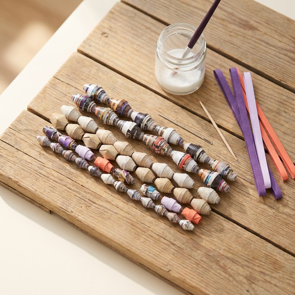 Top down tactile photo of paper beads made from magazine paper cardstock and origami paper arranged by size to show shape and finish on a pale worktable how to make paper beads