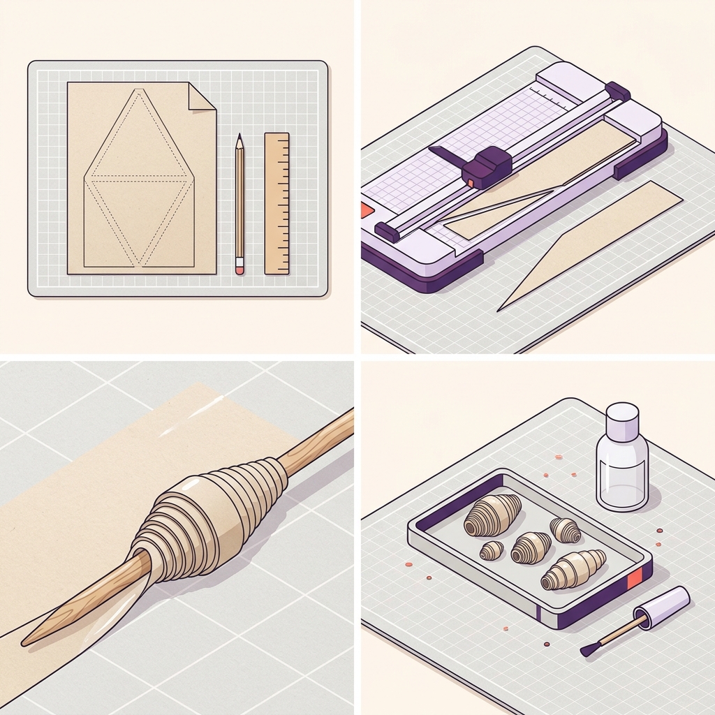 Minimalist 2D vector editorial image showing step by step how to make paper beads on a cutting mat with template cutting rolling on a toothpick and drying beads in natural paper and wood tones