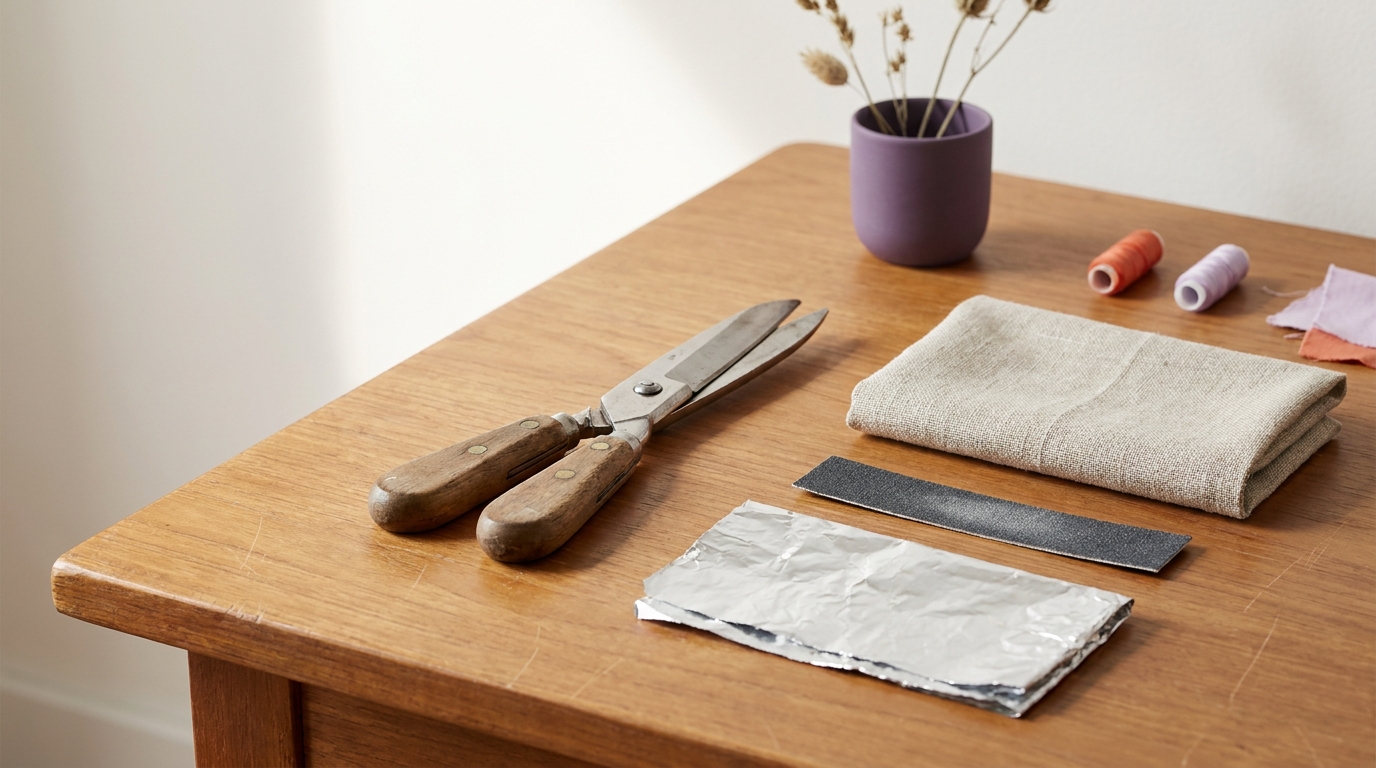 Close up tactile craft photo of fabric shears on a warm wooden table with a fabric swatch emery cloth and folded aluminum foil arranged minimalist showing how to sharpen fabric scissors