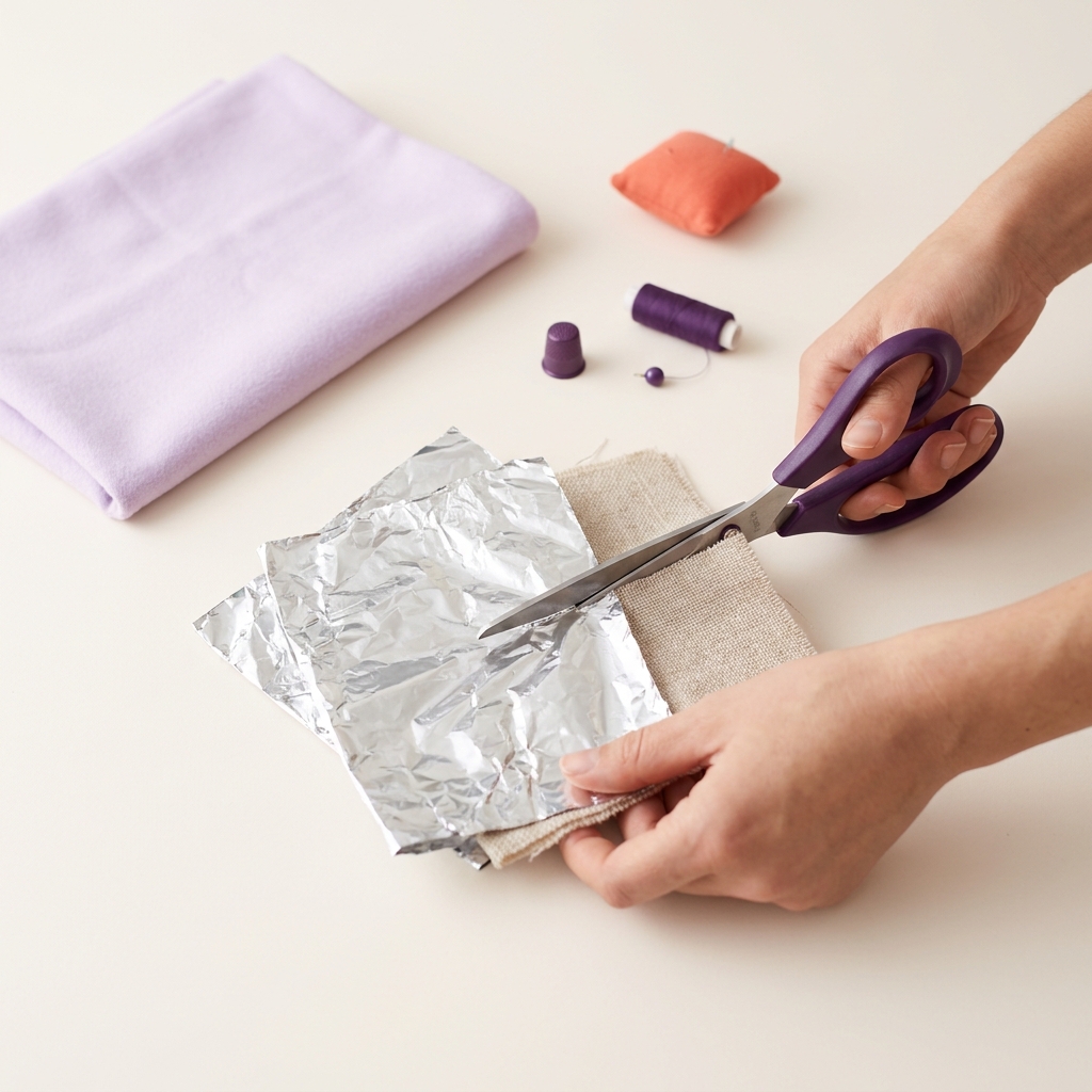 Overhead shot of hands testing scissors on folded aluminum foil and a small scrap of woven fabric on a pale worktable showing how to sharpen fabric scissors