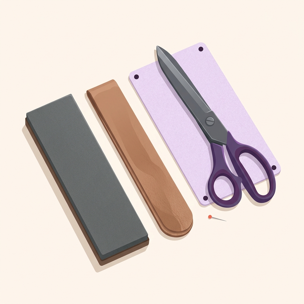 Minimalist 2D vector top down view of a fine sharpening stone a leather strop and a pair of fabric shears on a clean work surface illustrating how to sharpen fabric scissors