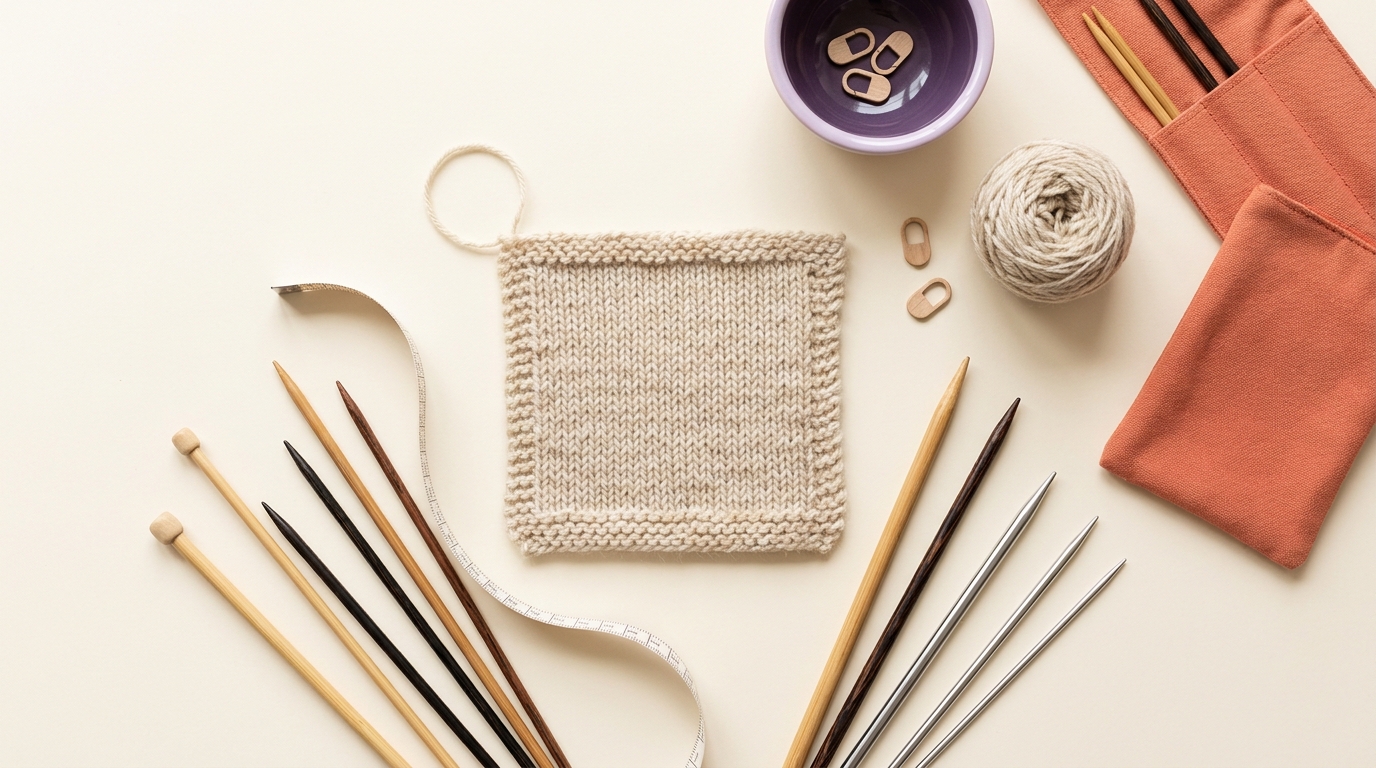 Flat lay of knitting needles in various sizes with a blocked swatch and measuring tape on a cream background illustrating how to choose knitting needle size