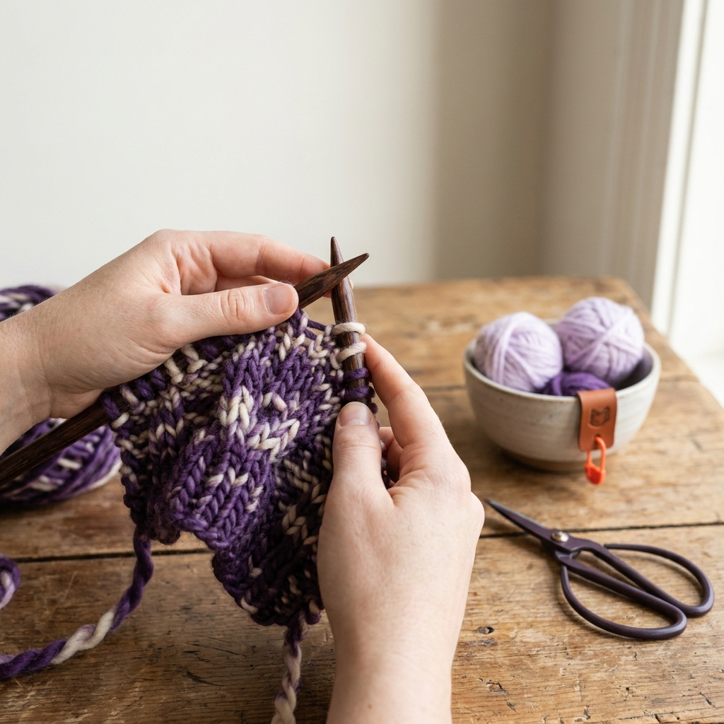 Close up tactile photo of a knitter holding a larger needle and natural yarn showing loop size and stitch detail on a rustic table how to choose knitting needle size