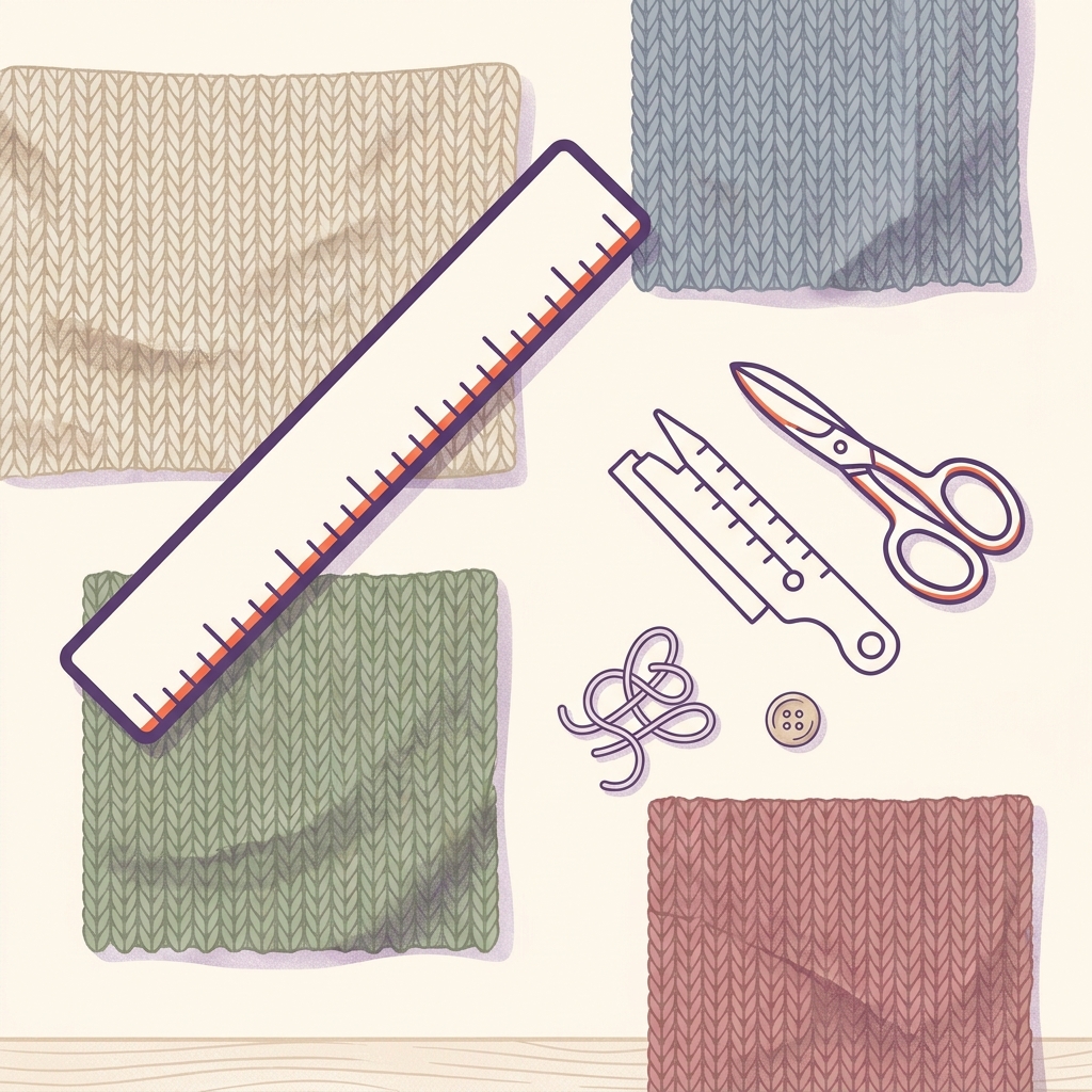 Vector flat lay of multiple blocked knitting swatches on a soft cream worktable with a ruler indicating stitches per inch and visible fabric drape minimalist tidy composition for how to choose knitting needle size