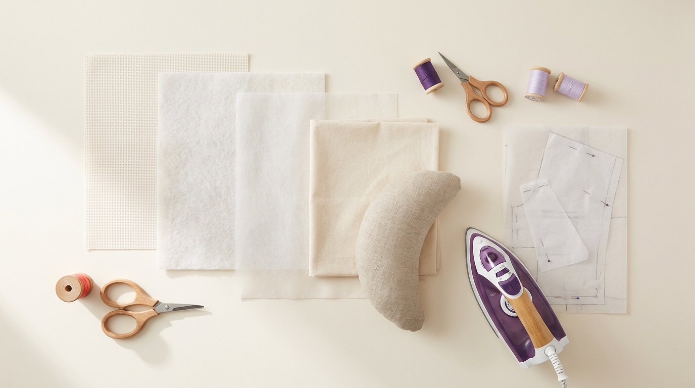 Fabric and interfacing samples arranged beside sewing tools
