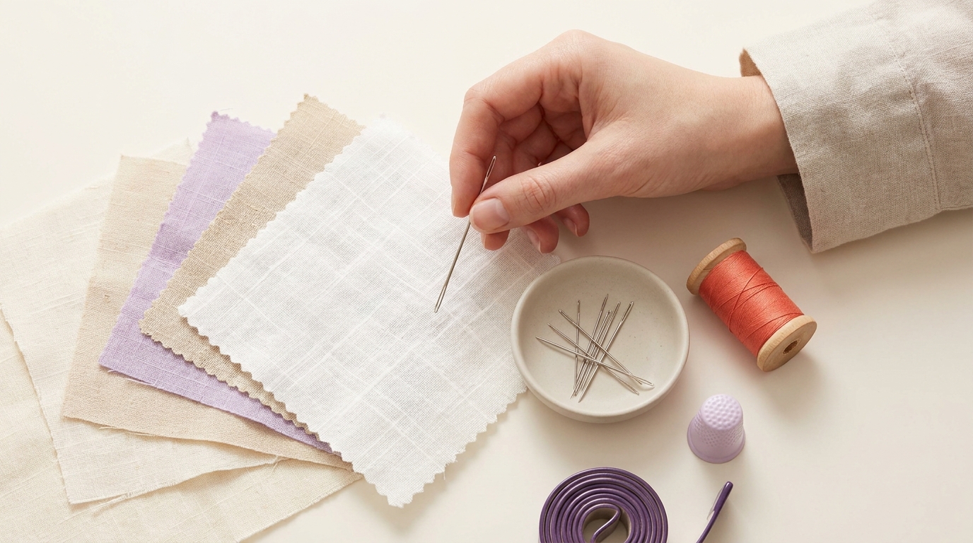 Top down tactile craft photo of fabric swatches needles in a small dish and a thread spool on a clean worktable illustrating