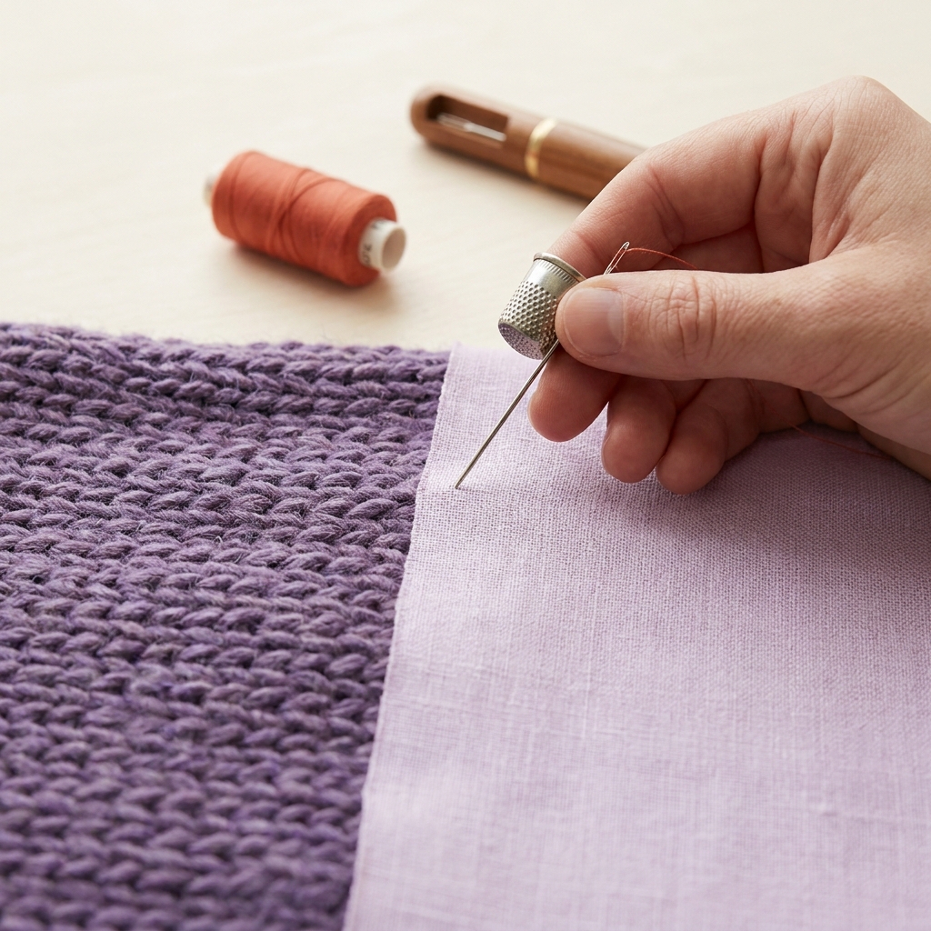 Close up hand holding a sewing needle poised above side by side knit and woven fabrics showing needle point interaction on a tidy worktable background