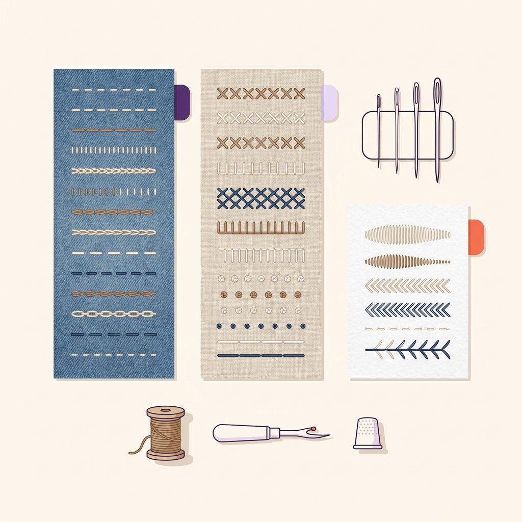 Top down 2D vector illustration of a minimalist sewing test board with fabric scraps and stitched sample lines showing needle size and thread differences
