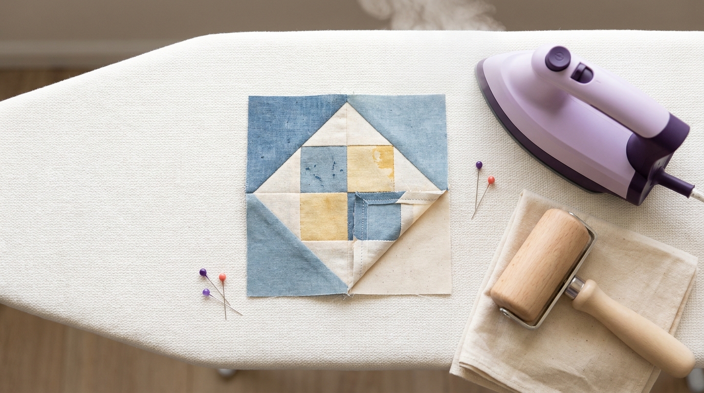 Overhead shot of a quilter ironing board showing a pieced block with pressed seam allowances seam roller and iron should i press my seams open or to one side