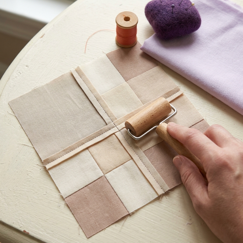 Close overhead craft photo of a nine patch quilt block with nested seam allowances aligned at a matching point and a hand side pressing seams with a seam roller should i press my seams open or to one side