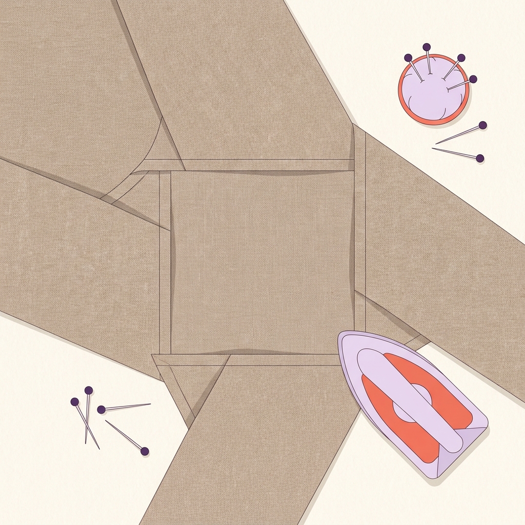 Minimal 2D vector close view of multi seam intersection pressed open with allowances spread flat on clean worktable should i press my seams open or to one side