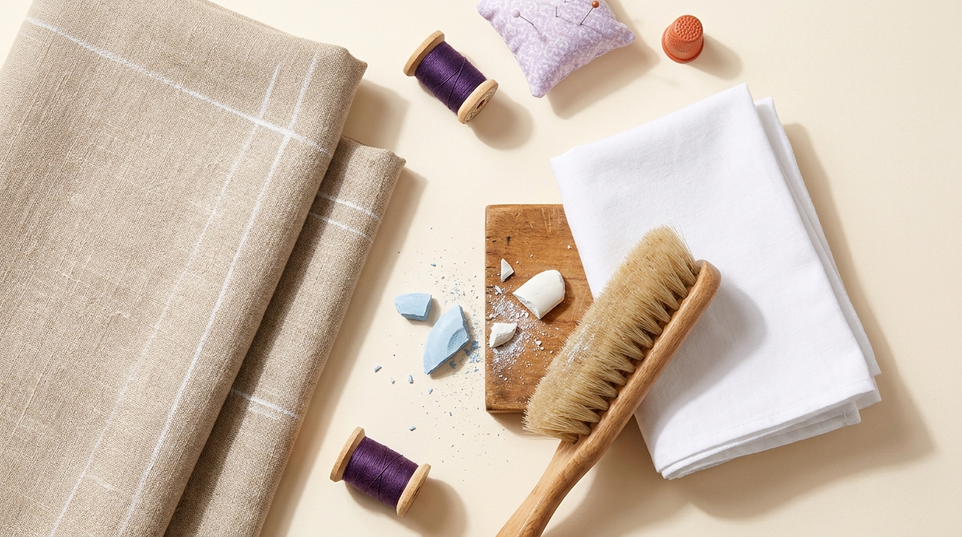 Close up flatlay of sewing table with fabric chalk lines powder tailors chalk pieces soft brush and white cloth arranged neatly asking does tailors chalk wash out of fabric