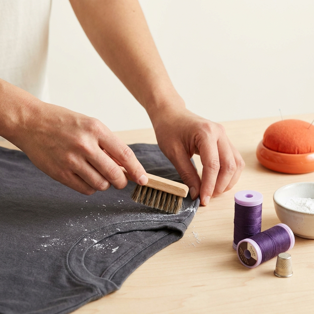 Hands gently brushing tailors chalk powder off a cotton T shirt seam on a tidy worktable with sewing tools and brand color accents does tailors chalk wash out of fabric