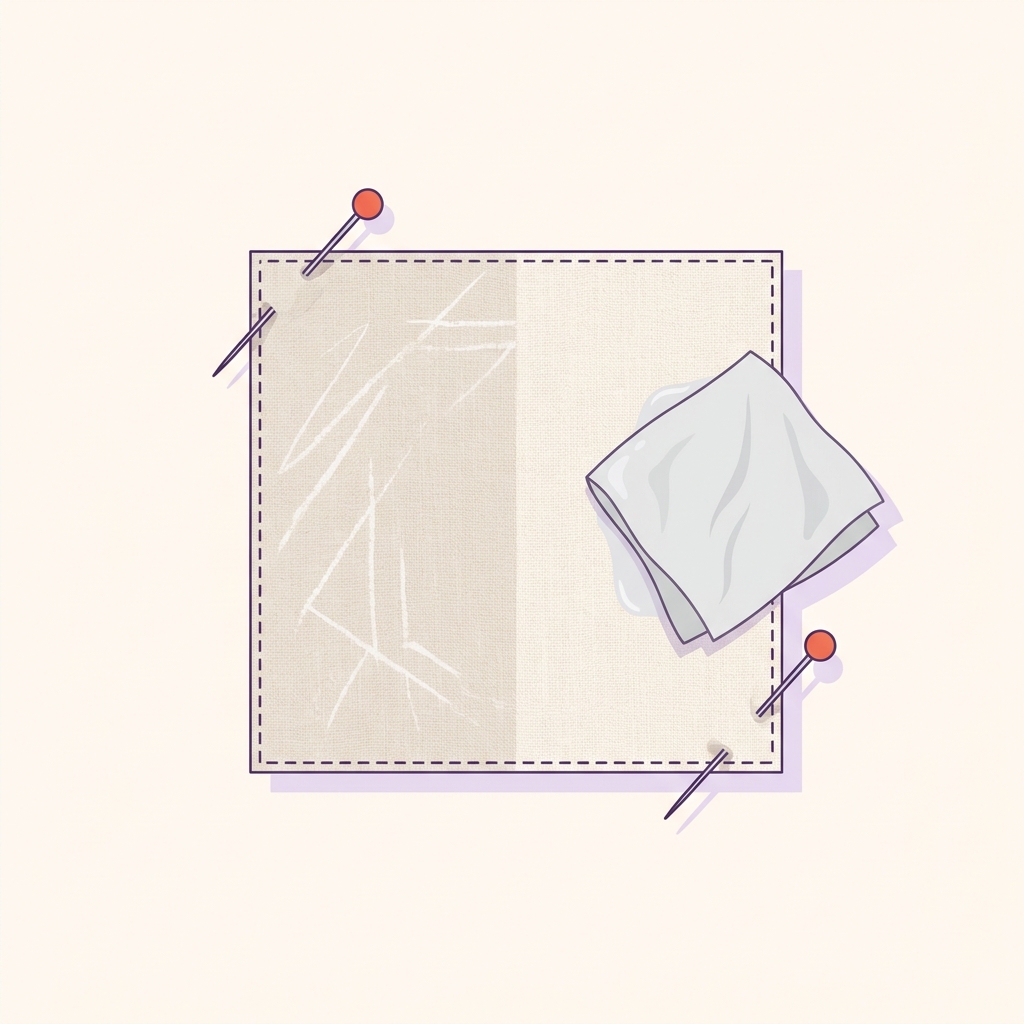 Minimalist 2D vector of quilting cotton scrap on a worktable split before and after chalk lines with a wet wipe nearby demonstrating does tailors chalk wash out of fabric