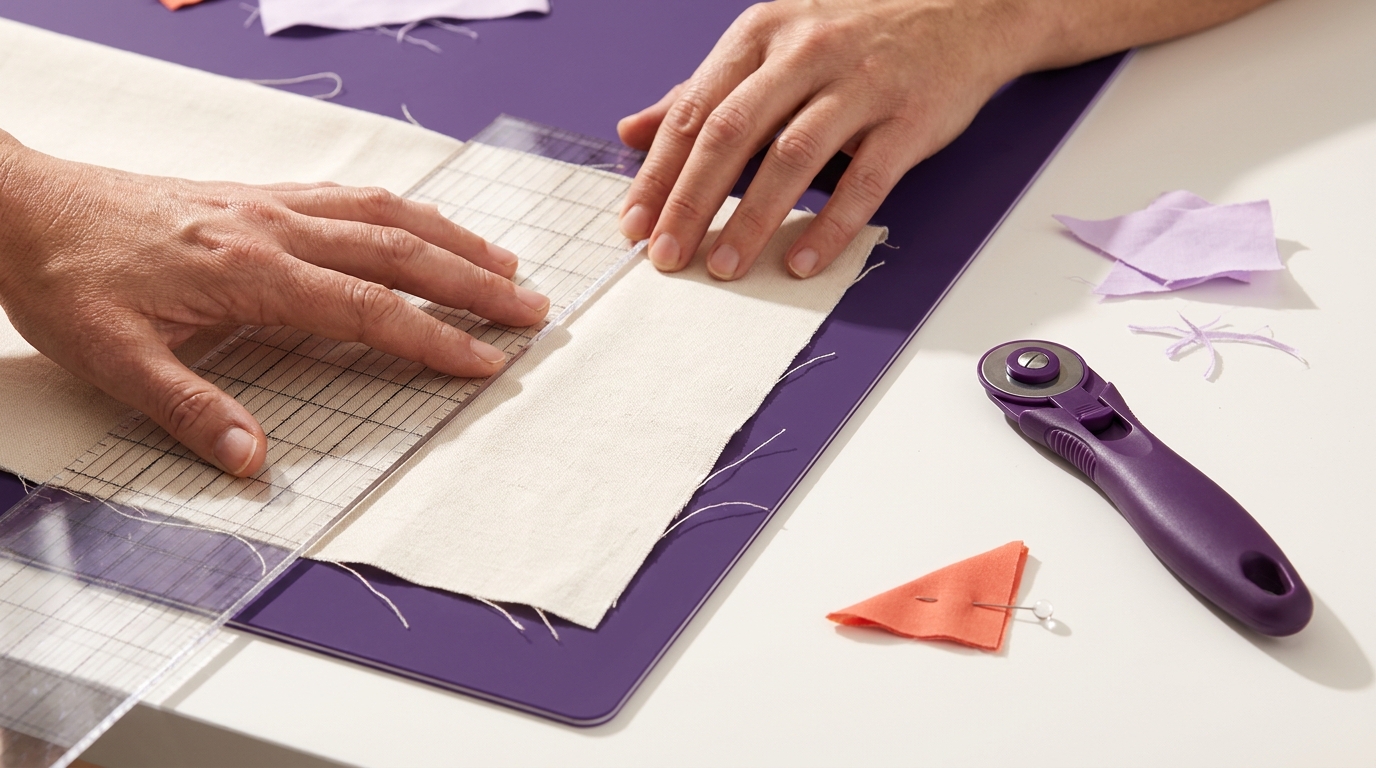 Hands squaring cotton fabric with a rotary cutter and a clear acrylic ruler on a self healing mat how to cut a perfect square of fabric