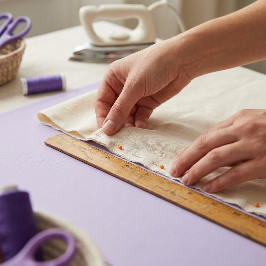 Close up full frame photo of hands aligning selvages and pressing cotton fabric on a flat table with an iron in the background demonstrating how to cut a perfect square of fabric