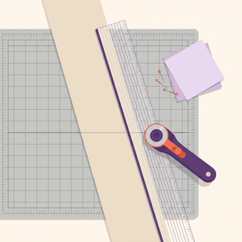 2D vector overhead craft scene of a long fabric strip on a grid mat with clear ruler and rotary cutter poised to subcut squares showing how to cut a perfect square of fabric