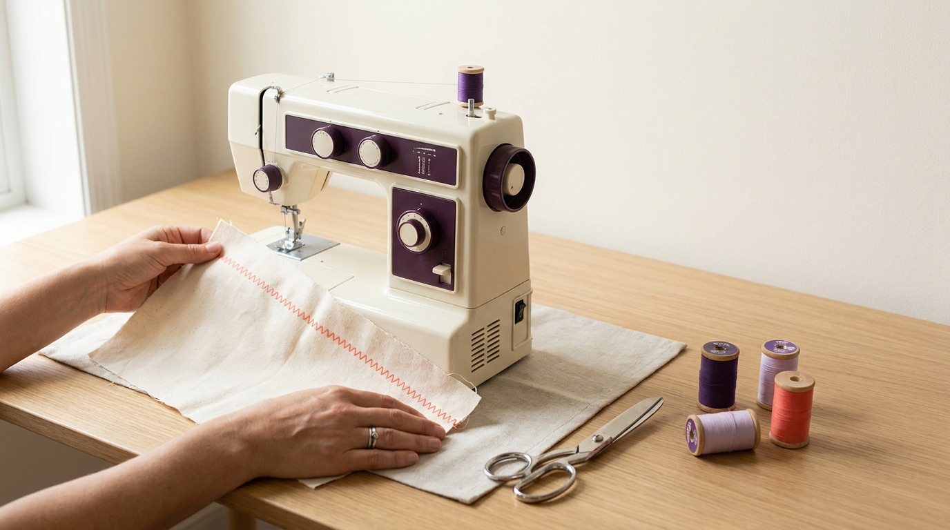 Worktable with sewing machine, woven cotton scrap with visible zigzag stitch, scissors and thread spools in natural light can you use zigzag stitch instead of serger