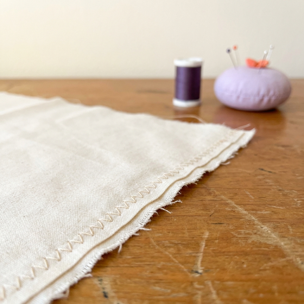 Close up of zigzag stitch catching raw cotton edge with visible quarter inch seam allowance on wooden table illustrating can you use zigzag stitch instead of serger