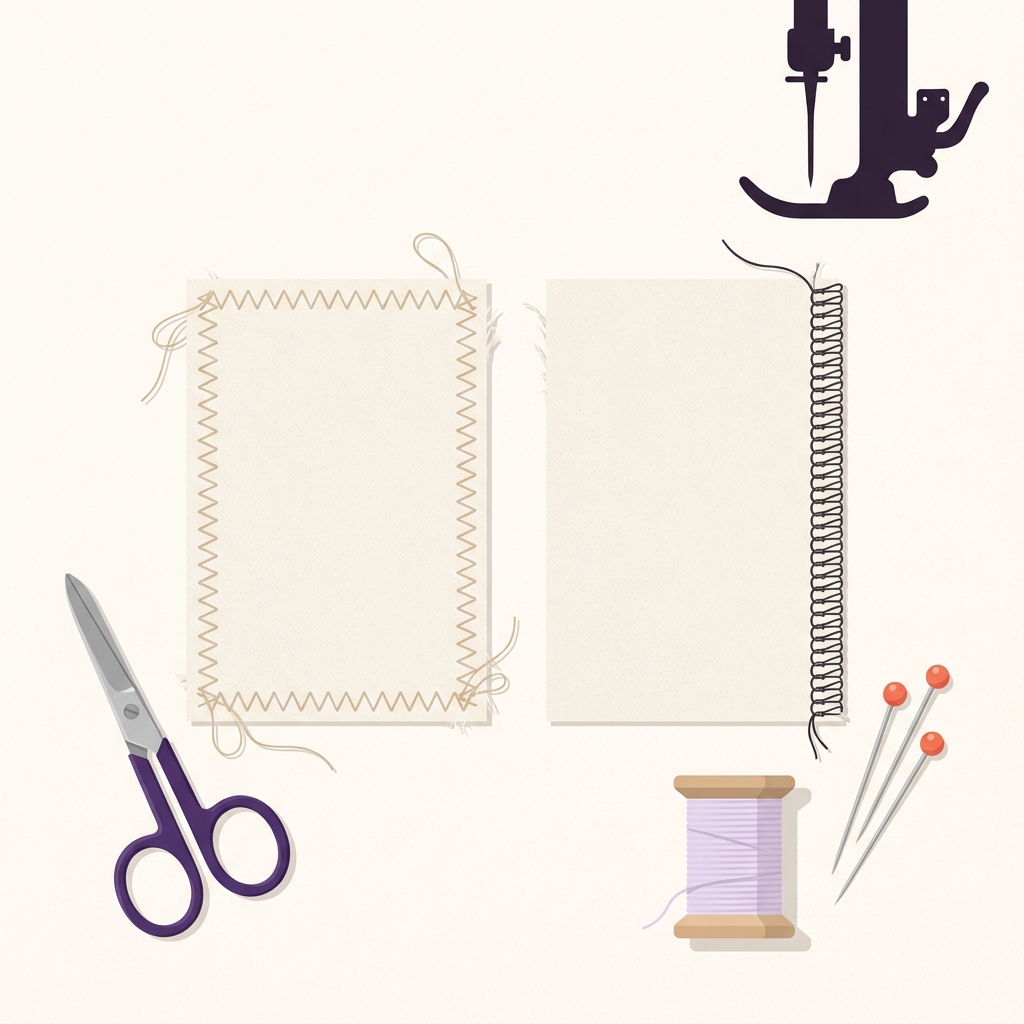 Top down 2D vector flat lay of two fabric swatches on a tidy worktable comparing a zigzag edge and a mock overlock stitch made on a domestic machine can you use zigzag stitch instead of serger