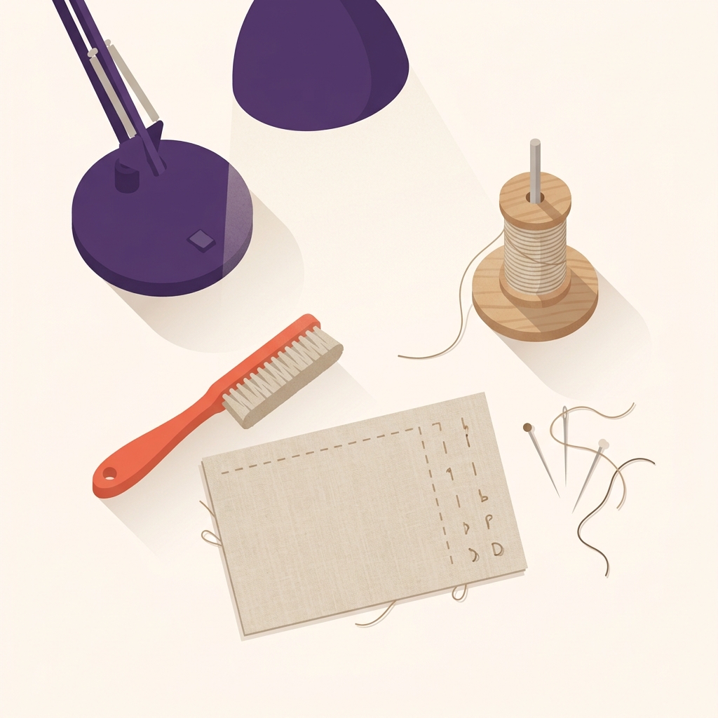 Overhead 2D vector illustration of a tidy sewing worktable with lint brush lamp spool on a pin and a fabric scrap with tension test stitch marks explaining why are there thread loops under my fabric when i sew