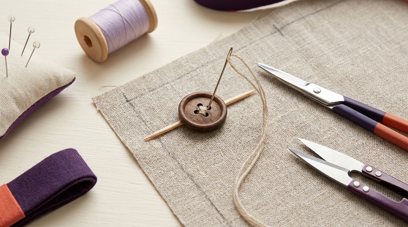 Close up of a tidy worktable showing a four hole button being sewn by hand with a doubled threaded needle toothpick spacer scissors and marked fabric area how to sew on a 4 hole button by hand