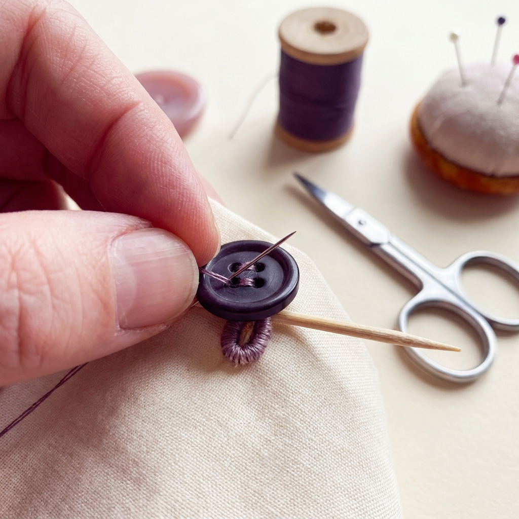 How to sew on a 4 hole button by hand close up full frame of a hand sewing a four hole button on cotton fabric with a toothpick spacer and the wrapped shank forming